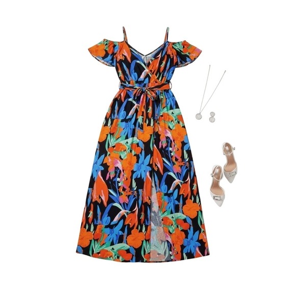 Unbranded Dresses & Skirts - Tropical Floral Cold Shoulder Maxi Dress Belted Slit LARGE summer spring